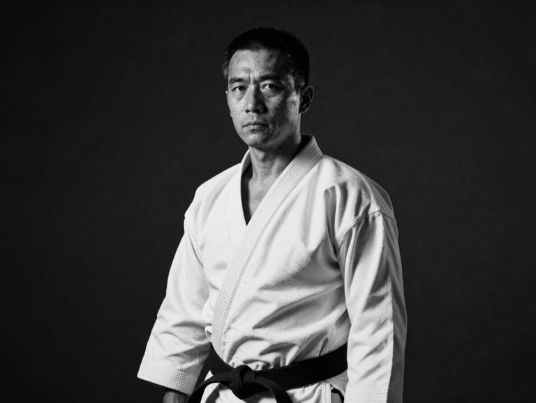 Black and white portrait of a mature karate sensei in a white gi, looking forward with calm authority, dark textured background, dramatic shadows.