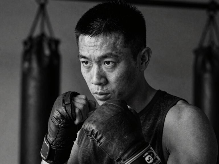 Black and white portrait of a boxing coach with focused eyes, wearing hand wraps, gritty gym background, high-contrast side lighting.