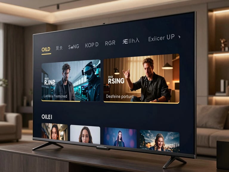 Extreme close-up of a sleek bezel-less OLED TV screen showing a premium dark-mode media interface with subtle gold accents, soft ambient theater lighting in a luxurious modern living room.