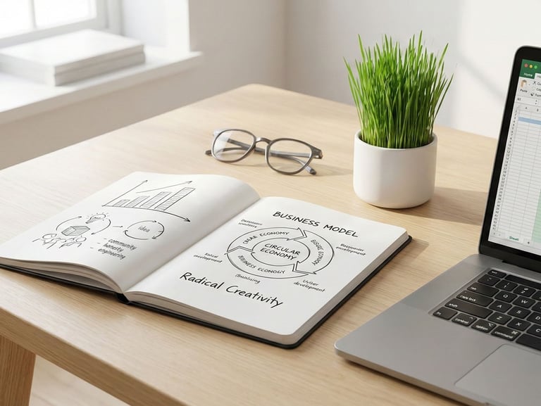 Notebook with a circular business model diagram on a desk next to a laptop and potted plant.