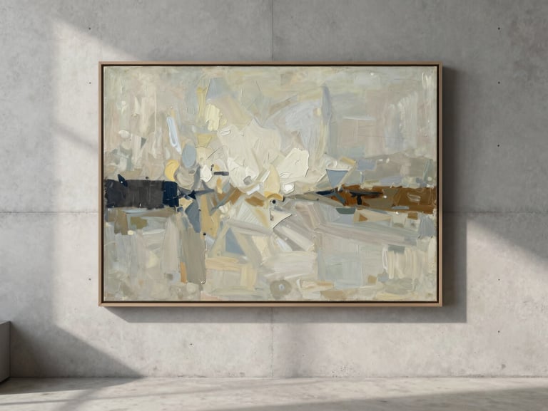 A minimalist sunlit living room with a large framed abstract oil painting hanging on a concrete wall, soft side light emphasizing the canvas texture, 50mm lens.