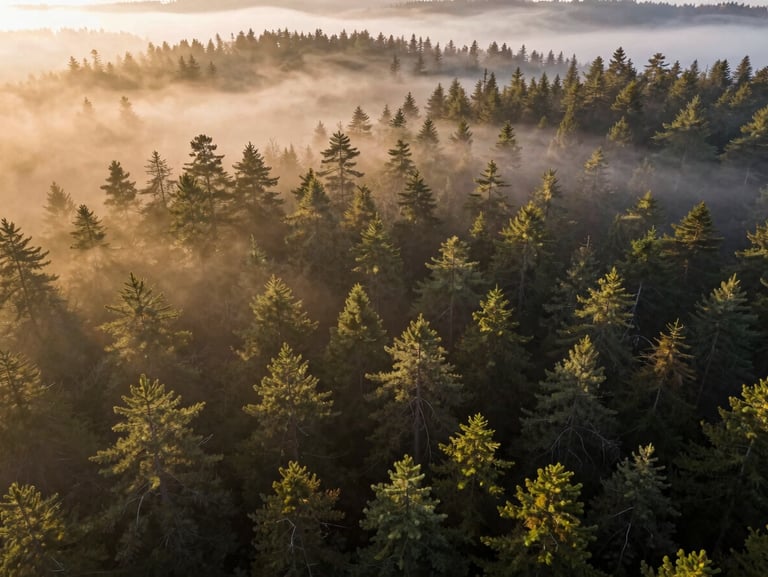 Cinematic wide aerial shot of misty pine forest at sunrise, golden light breaking through fog