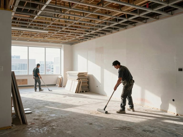 Wide environmental shot inside a Toronto office under active construction, a crew member vacuuming drywall dust from a concrete floor, exposed ceiling grid above, construction materials stacked along one wall, natural daylight from uncovered windows, sharp and documentary