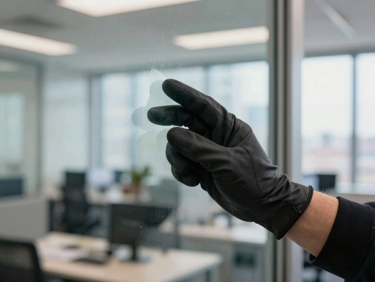 Extreme close-up of a gloved hand polishing a glass office divider panel inside a Toronto office, the glass catching bright natural daylight, a freshly cleared open-plan office visible in the background through the glass, sharp and evidence-based framing