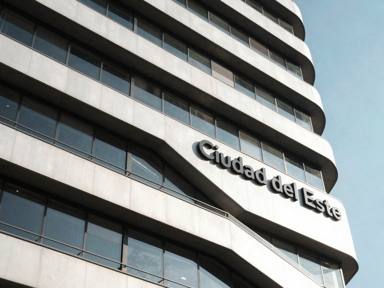 Bright architectural detail of a modern corporate building facade in Ciudad del Este under clean midday sunlight.