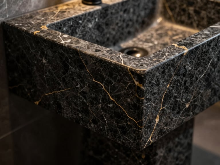 Close-up of a custom sculpted porcelain sink with precise mitered joints and continuous veins, dark stone texture