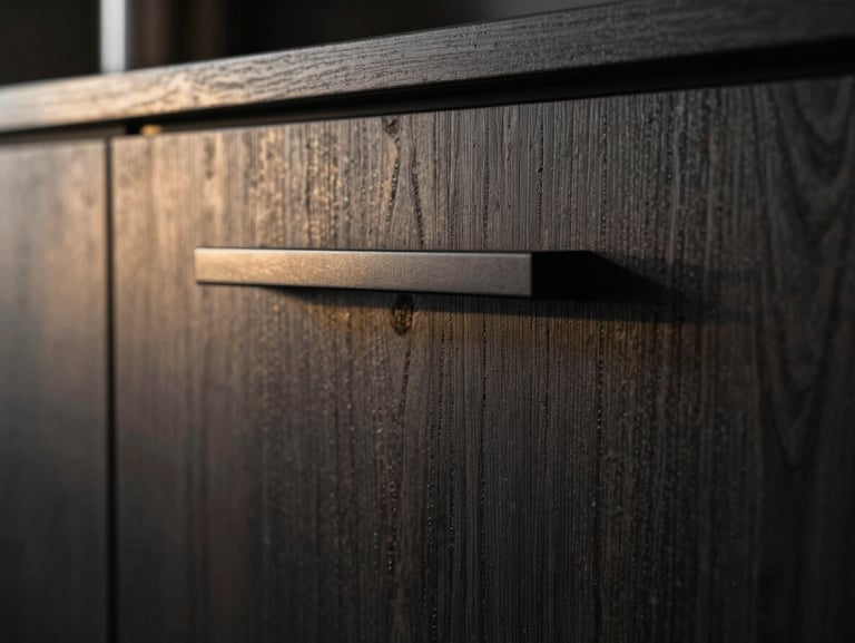 Macro shot of a modern dark wood kitchen cabinet door with a clean minimalist handle, dramatic side lighting