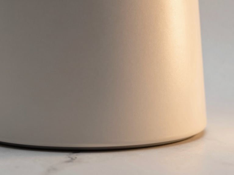 Close-up detail shot of a smooth matte home accessory object on a marble surface, warm studio strobe light from the right, warm white background, fine finish texture visible