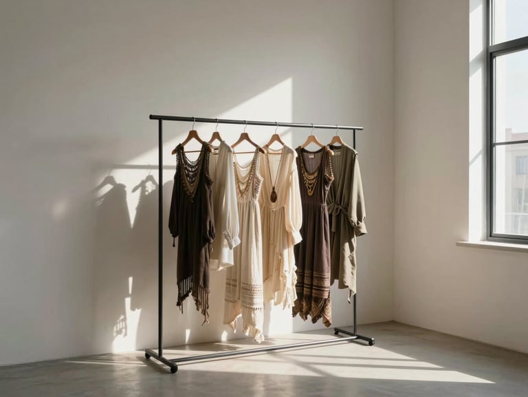 Minimalist studio interior with a single rack of elegant boho-luxe garments, sunbeams streaming through a large window, soft shadows.