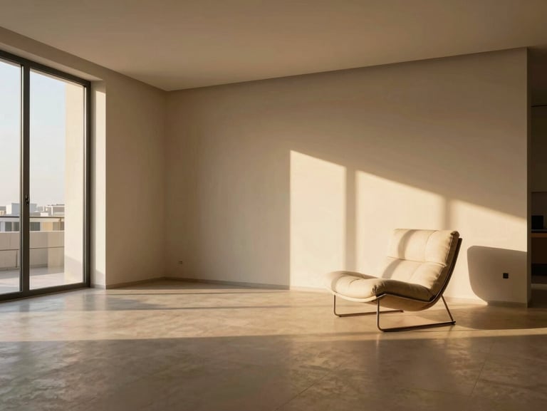 Wide-angle architectural shot of a minimalist Riyadh living room, golden-hour sunlight casting sharp shadows, with a subtle digital AR mesh overlay rendering a modern lounge chair.