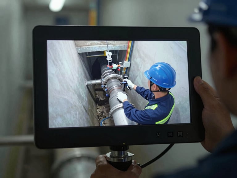 A crisp, high-visibility digital screen displaying a real-time sewer camera inspection inside a clean pipeline, held by a technician in a clean uniform.