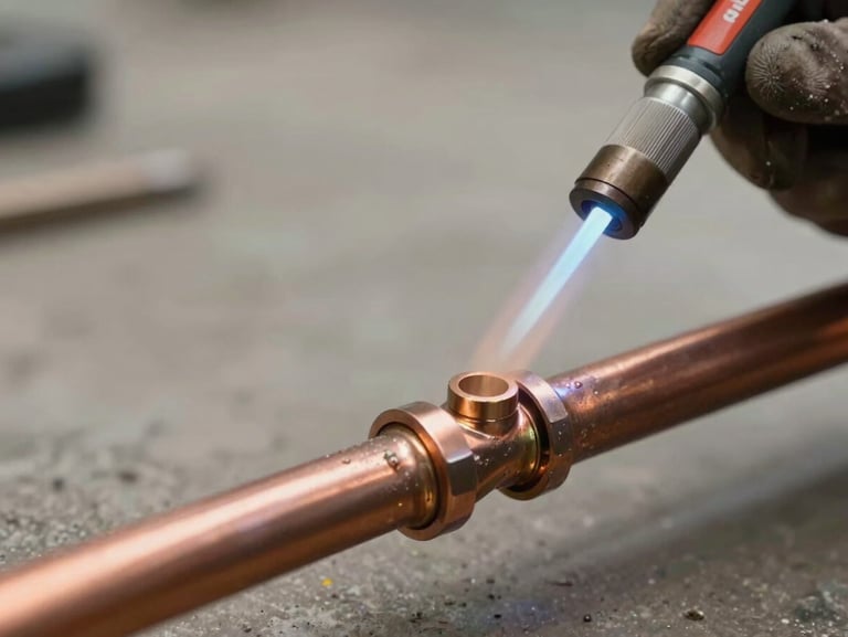 Close-up of a professional plumber soldering clean copper pipe joints with a bright, focused torch flame, sharp details, natural daylight