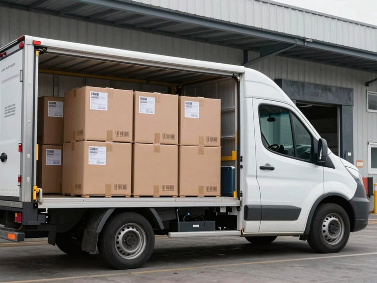 Side view of a delivery van unloading cargo boxes at a commercial loading dock, cargo labels visible, practical daylight, industrial surroundings