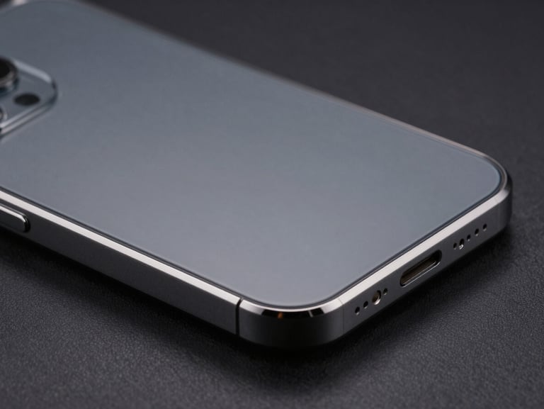 Macro photography of premium phone hardware, focusing on the matte glass back and machined aluminum edges catching sharp highlights in a dark studio setting.