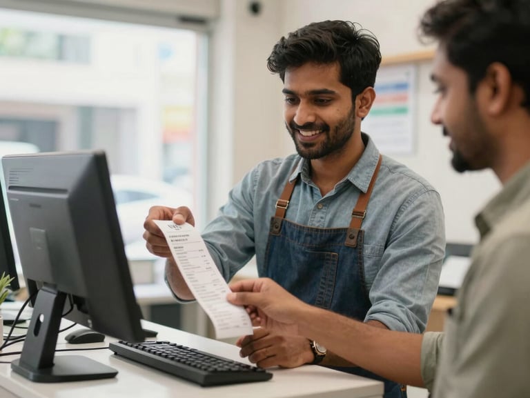 A young Indian shop owner smiling in his clean digital service center, showing a customer a receipt on a computer screen, bright natural lighting.