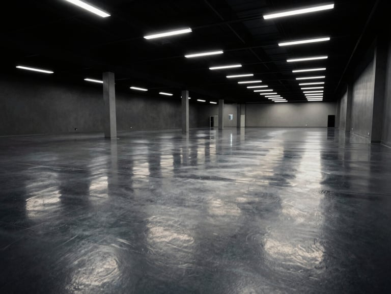 Wide-angle low perspective of an empty modern vehicle showroom with highly reflective grey epoxy floor, specular highlights reflecting overhead linear lights
