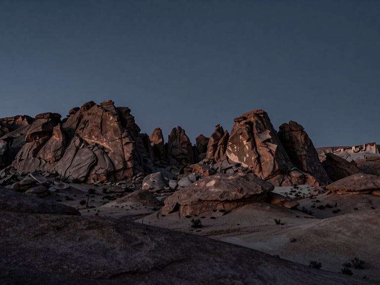 A desaturated panoramic view of the Utah high desert at twilight, jagged rock formations silhouetted against a deep slate sky, low-key directional lighting.