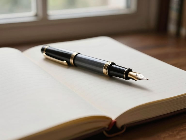 Close-up of a classic fountain pen resting on an open physical notebook, soft natural light from a library window, quiet atmosphere.