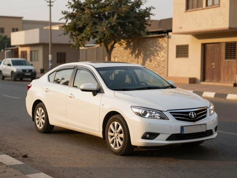 A reliable sedan parked on a street in Khartoum during warm golden hour, soft natural lighting, realistic environment, clear details.
