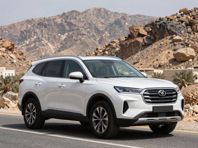 A clean modern SUV parked on a scenic road in Muscat under bright natural daylight, rocky mountains in the background, sharp focus, realistic colors.