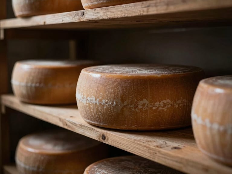 Close-up of artisanal cheese wheels on wooden shelves in a dark aging cellar, soft side-light highlighting textures