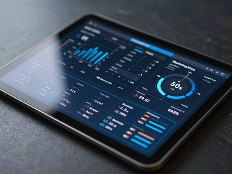 Macro shot of a high-resolution tablet screen displaying real-time marketing telemetry and conversion data, cool blue highlights, dark metallic background