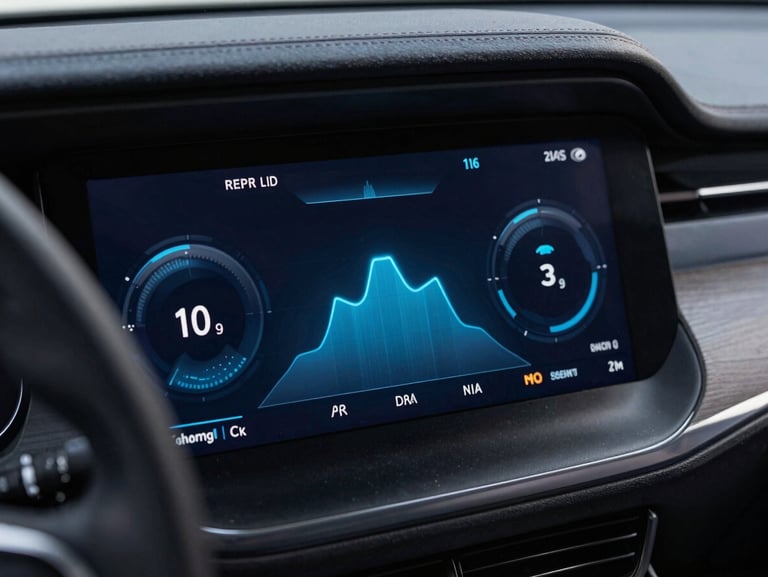 Macro shot of a high-tech electric vehicle dashboard interface showing real-time telemetry data, glowing electric blue graphs, dark metallic background, sharp focus