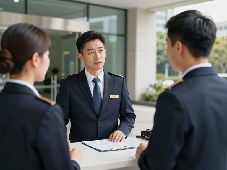 A professional supervisor in a neat uniform inspecting a clean, modern building entrance, talking to a concierge desk staff member under bright daylight.