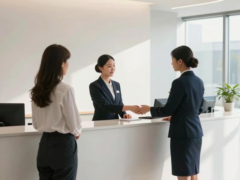 Wide environmental shot of a clean, modern corporate reception desk with a professional uniformed receptionist greeting visitors under bright, natural light.