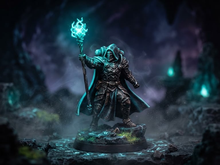 Macro close-up of a 3D printed tabletop miniature of an armored wizard, glowing cyan rim light, dark atmospheric background, smoke mist, 35mm