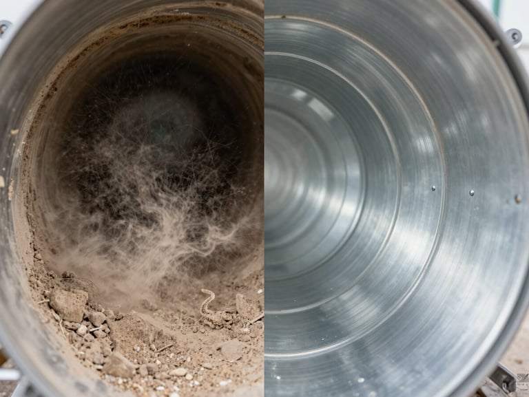 Before-and-after split screen of a metal air duct interior: left side choked with thick gray desert dust and pet hair; right side completely clean, bare silver steel reflecting light