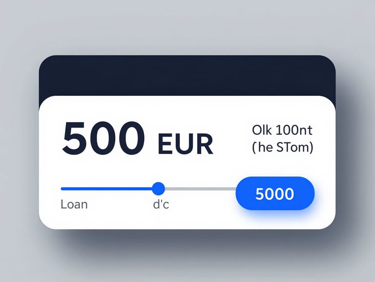 Minimalistic digital user interface mockup of a loan slider showing 500 EUR and a clear monthly installment indicator, clean vector style, blue accent colors.