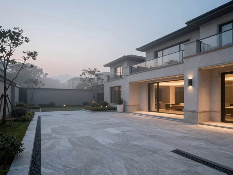 Wide environmental shot of a quiet, minimalist estate courtyard at twilight, soft architectural lighting, morning fog rolling over clean stone lines.
