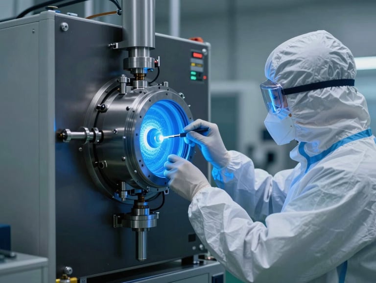 A cleanroom technician in protective gear adjusting a glowing blue MPCVD plasma chamber, cool technical highlights, cinematic industrial photography