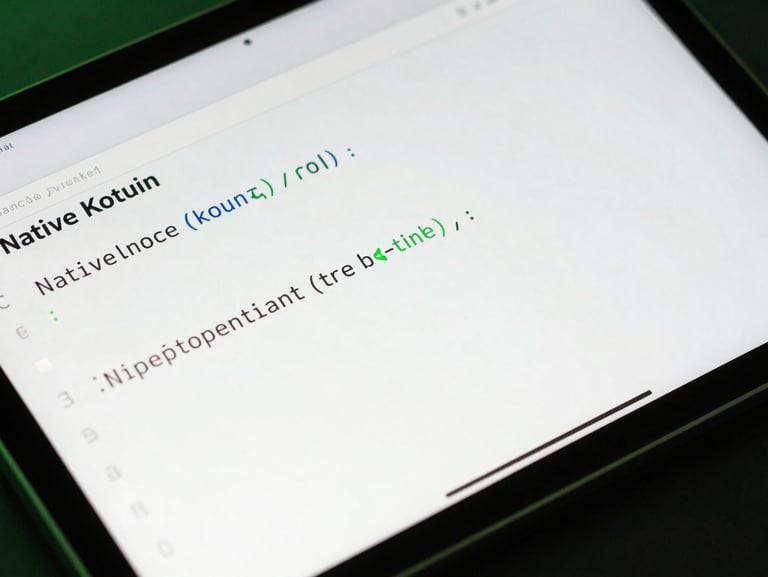 Close-up of clean native Kotlin code on a high-end tablet screen, cool-toned studio lighting, sharp neon-green accents, macro lens