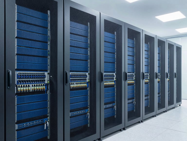 Wide shot of a clean, modern corporate server room in Delhi, neatly organized blue and white patch panels, bright professional lighting