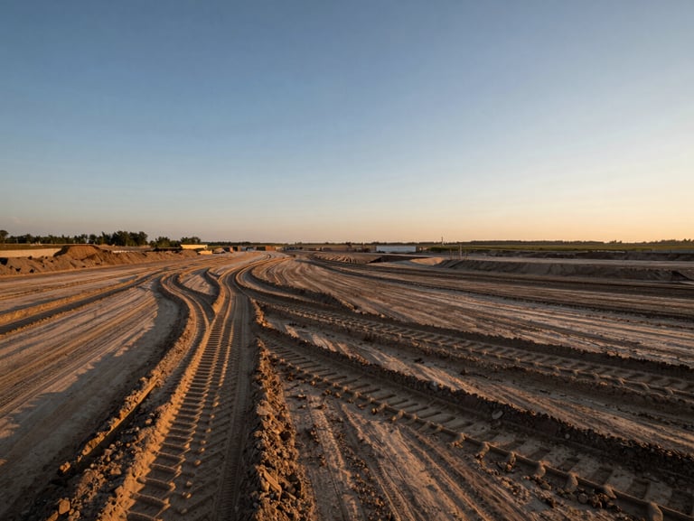 Wide panoramic shot of a perfectly leveled construction site at dusk, dramatic tire tracks in the foreground, clean horizon, cinematic lighting