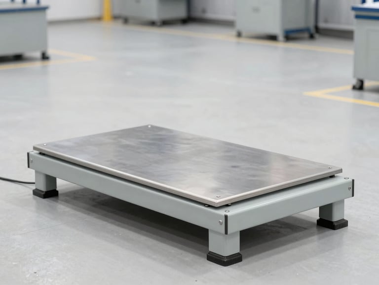 Heavy-duty industrial platform scale in a clean concrete warehouse environment, bright neutral daylight, crisp technical details, 50mm