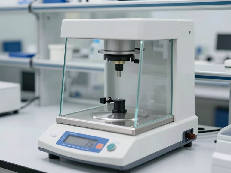 Ultra-precise laboratory analytical balance with glass draft shield in a clean sterile lab, bright white lighting, high contrast, 50mm