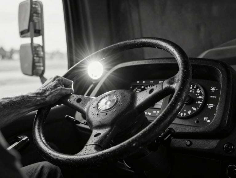 Stark high-contrast black and white photography of weathered hands gripping a heavy truck steering wheel, dramatic headlight glare cutting through the dark cab.