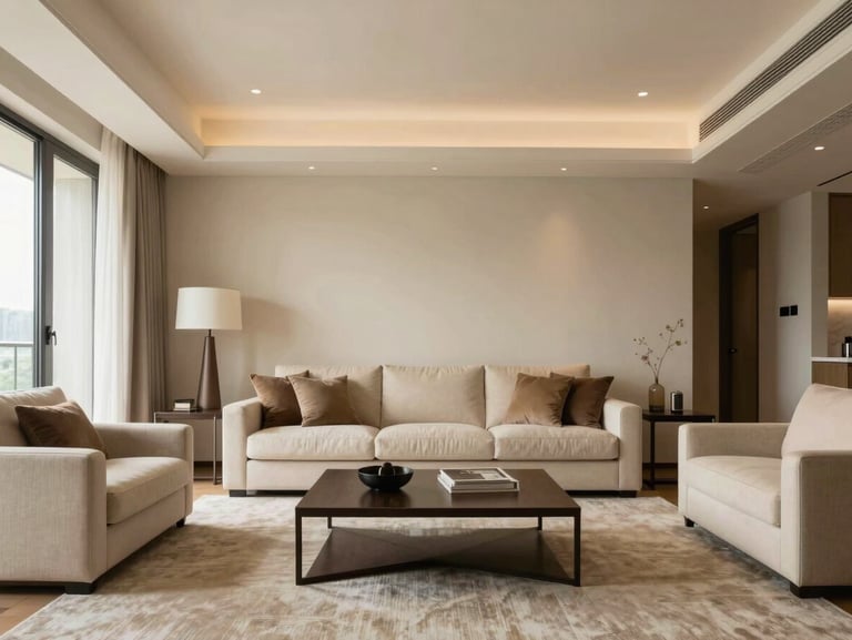 Strict straight-on shot of a premium private condo living room, warm cream walls, natural daylight.