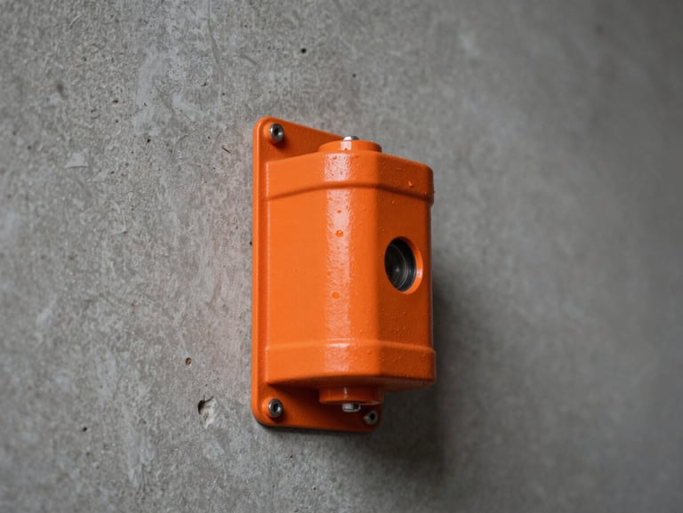 Extreme close-up of raw concrete wall texture and a safety-orange utility fixture.