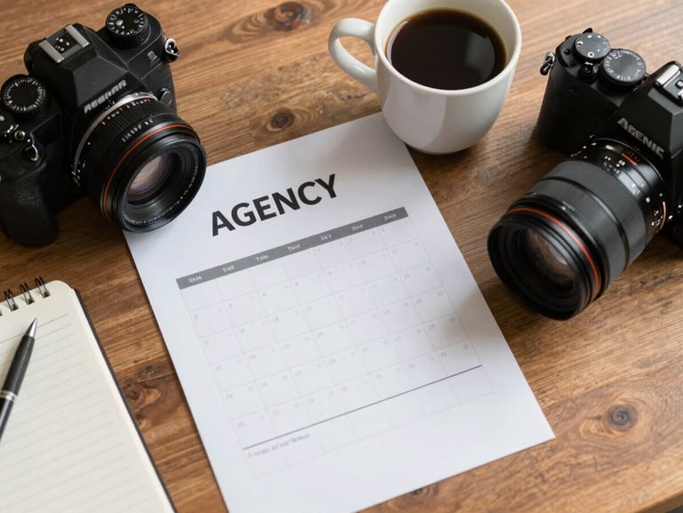 Agency desk overhead flat-lay: printed content calendar, coffee cup, camera beside a notebook with handwritten notes, warm morning light, no people, tactile documentary feel
