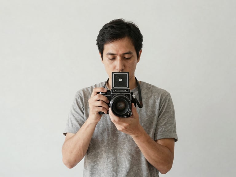 Quiet natural-light portrait of a male photographer in his late 30s, holding a vintage medium format camera, soft studio lighting, neutral background, clean composition