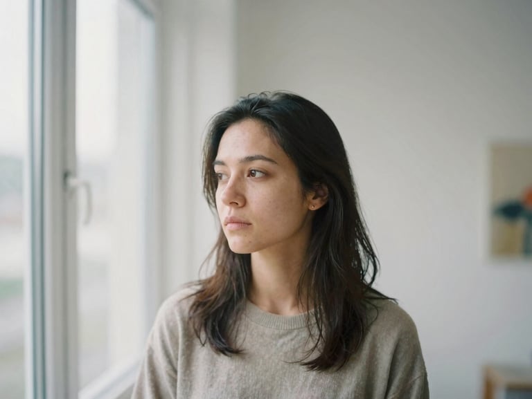 Intimate shallow depth-of-field portrait of a female artist, natural daylight from a window, soft neutral tones, thoughtful expression, medium format film