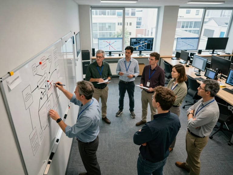 Overhead wide shot of a logistics operations room, team members gathered around a large process diagram pinned to a whiteboard on the left, route maps visible on wall monitors, north-facing light from large windows, no posed expressions