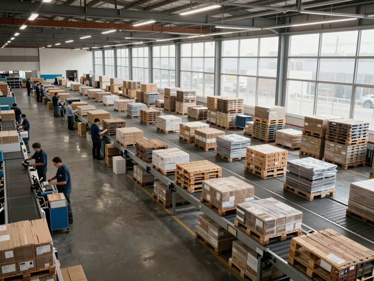 Wide environmental shot of a warehouse distribution center, pallets in motion on conveyor belts, workers scanning inventory at stations in left third, expansive floor space visible, north-facing natural light through high windows