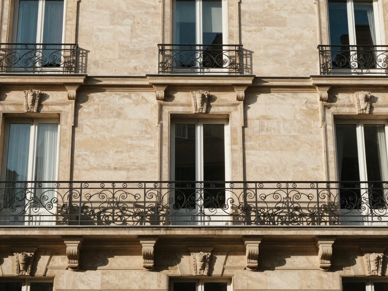 Quiet Parisian balcony overlooking clean stone facade, warm Parisian afternoon sun, elegant travel photography