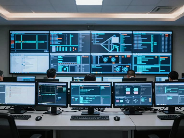 Symmetrical shot of a clean security control room interface, multiple monitors showing technical data, cool blue illumination