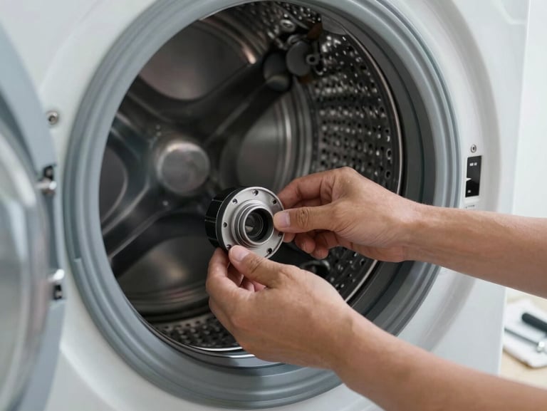 Close-up of a technician's hands installing a genuine replacement part into the drum assembly of a washing machine, clean window light from the right, tools laid out on a white cloth beside the machine